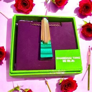 Shanghai Tang golden malachite large pendant necklace 28” Chain 2015 NIB